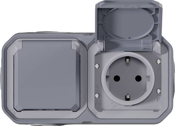 Legrand Komplett Aufputz, Doppelsteckdose, Schutzkontakt-Steckdose mit Klappdeckel Plexo Grau 069742L 1 St.