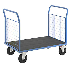 Plattformwagen, 2 Gitter-Stirnwände, LxB 1250 x 800 mm, Vollgummireifen.