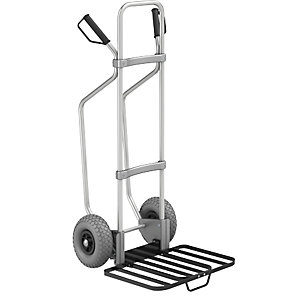 Aluminium-Sackkarre mit Kufen, Paketschaufel-BxT 430 x 450 mm, schwarz, mit Griff, PU-Bereifung.
