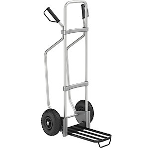 Aluminium-Sackkarre mit Kufen, Paketschaufel-BxT 430 x 250 mm, schwarz, mit Griff, Luftbereifung.