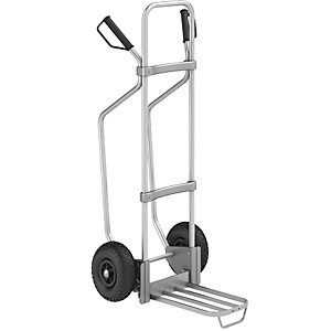Aluminium-Sackkarre mit Kufen, Paketschaufel-BxT 430 x 250 mm, Alu, mit Griff, Luftbereifung.