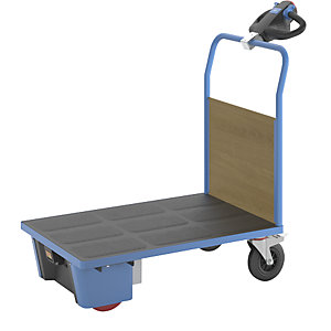 Plattformwagen mit Elektroantrieb, 1 MDF-Stirnwand, LxBxH 1370 x 700 x 1300 mm.