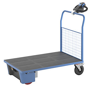 Plattformwagen mit Elektroantrieb, 1 Gitter-Stirnwand, LxBxH 1570 x 800 x 1300 mm.