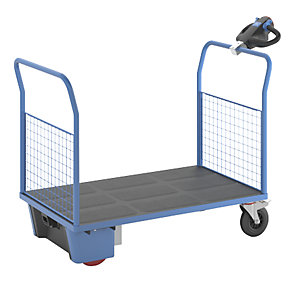 Plattformwagen mit Elektroantrieb, 2 Gitter-Stirnwände, LxBxH 1620 x 800 x 1300 mm.