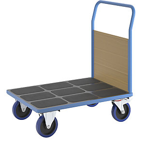 Plattformwagen mit Holzwänden, Vollelastik-Rollen, 1 Stirnwand, Ladeflächen-LxB 1000 x 700 mm.