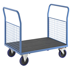 Plattformwagen mit Gitterwänden, Vollelastik-Rollen, 2 hohe Gitter-Stirnwände, LxB 1150 x 800 mm.
