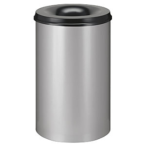 Sicherheits-Papierkorb, Stahl, selbstlöschend, Volumen 110 l, HxØ 720 x 470 mm, Korpus alusilber / Löschkopf schwarz.