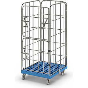 Rollbehälter MODULAR, Kunststoff-Rollplatte, Gitter 4-seitig, Platte hellblau.