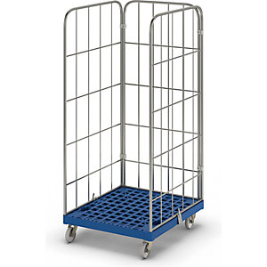 Rollbehälter MODULAR, Kunststoff-Rollplatte, Gitter 3-seitig, Platte dunkelblau.