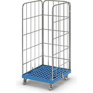 Rollbehälter MODULAR, Kunststoff-Rollplatte, Gitter 3-seitig, Platte hellblau.