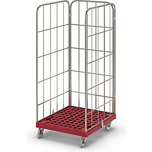 Rollbehälter MODULAR, Kunststoff-Rollplatte, Gitter 3-seitig, Platte rot.