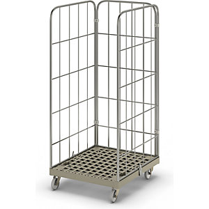 Rollbehälter MODULAR, Kunststoff-Rollplatte, Gitter 3-seitig, Platte grau.