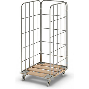 Rollbehälter MODULAR, Holz-Rollplatte, Gitter 3-seitig.