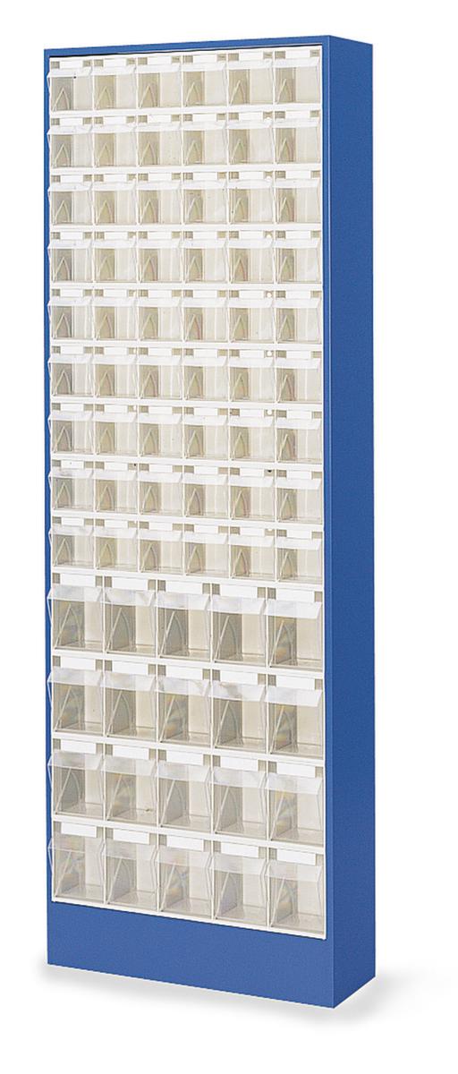 Magazinschrank mit Klappkästen, 48 Kästen, transparent